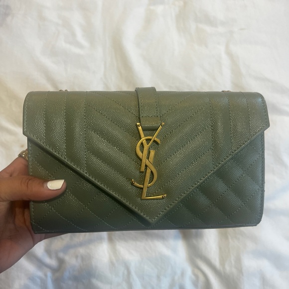 Saint Laurent Monogram Quilted Leather Envelope Shoulder Bag in Sage Green - Picture 5 of 5